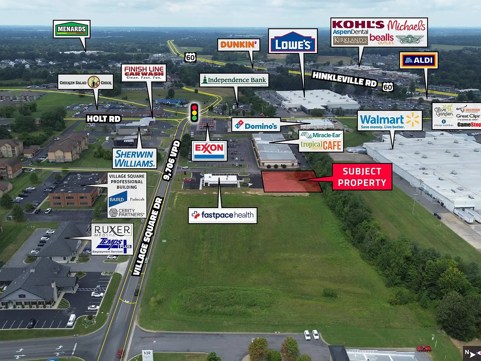 Annotated aerial overview of the subject property, Village Square Drive, and surrounding commercial area