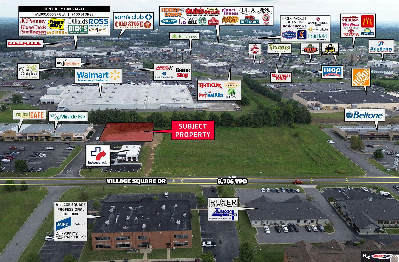 Annotated aerial overview showing the subject property and nearby commercial area
