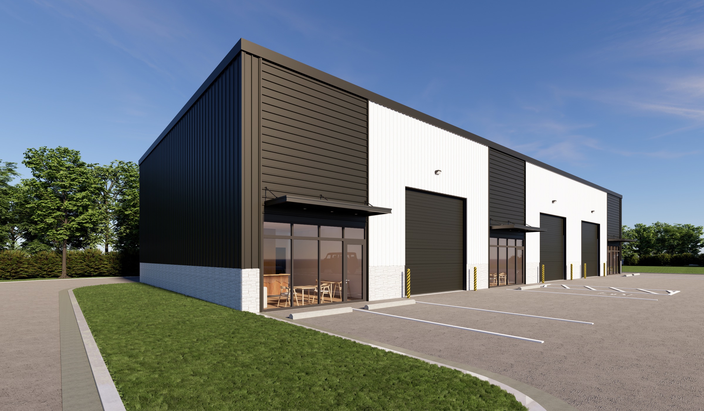 Front left architectural rendering of the three-suite Strawberry Hill Business Park with solid overhead doors, storefront entrances, masonry wainscot, and paved parking