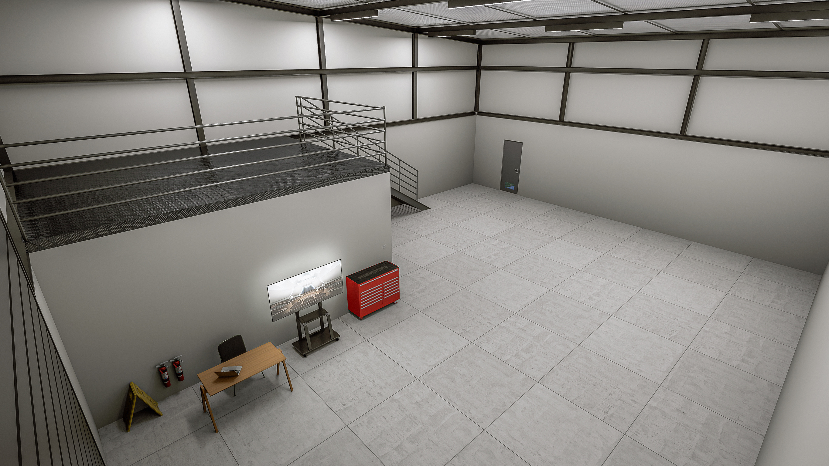 Elevated view from the usable mezzanine over the open operations area