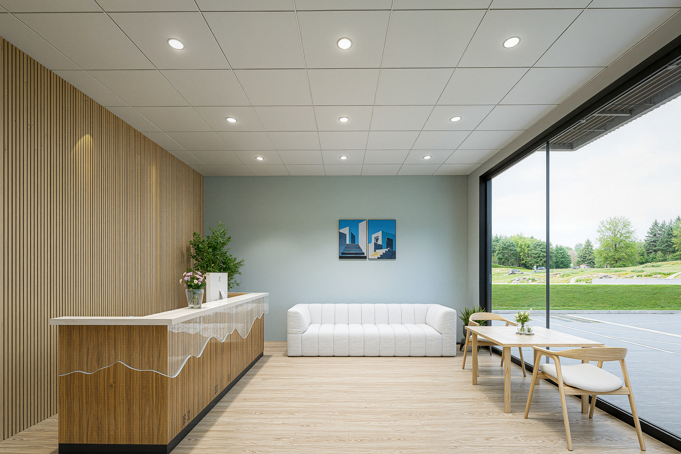 Example office lounge and reception arrangement with a large storefront window