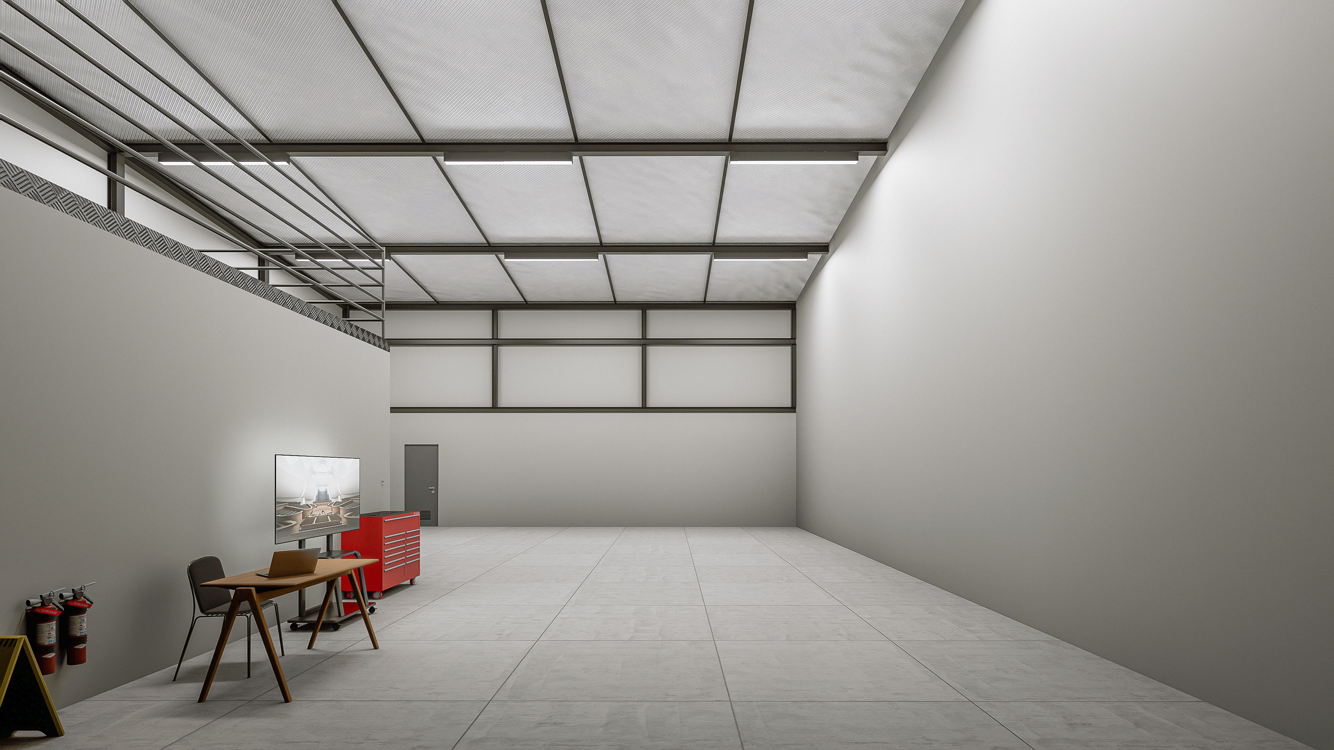 Open warehouse and operations area beneath the steel building structure