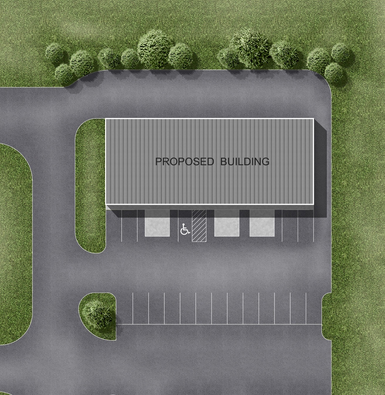 Colorized site plan showing the building under construction, parking, access drives, curbs, and landscaping