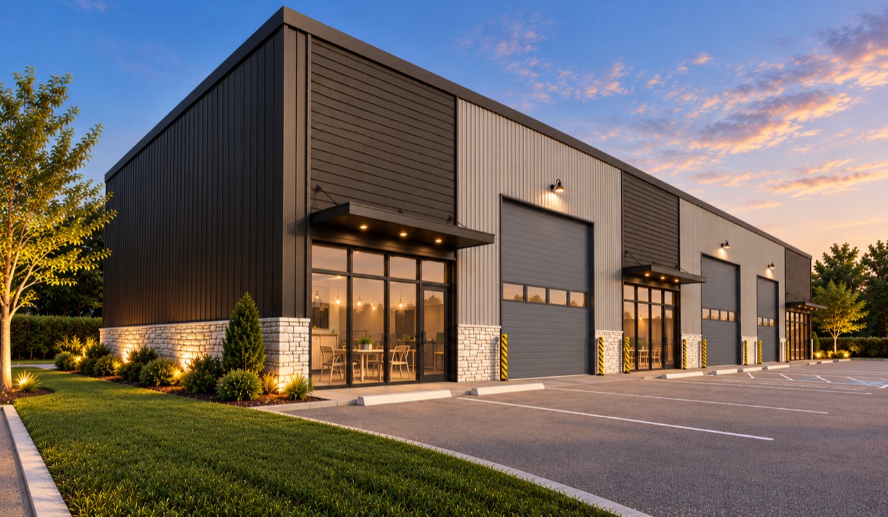 Evening exterior rendering of Strawberry Hill Business Park with illuminated storefronts, solid overhead doors, masonry wainscot, landscaping, and paved parking
