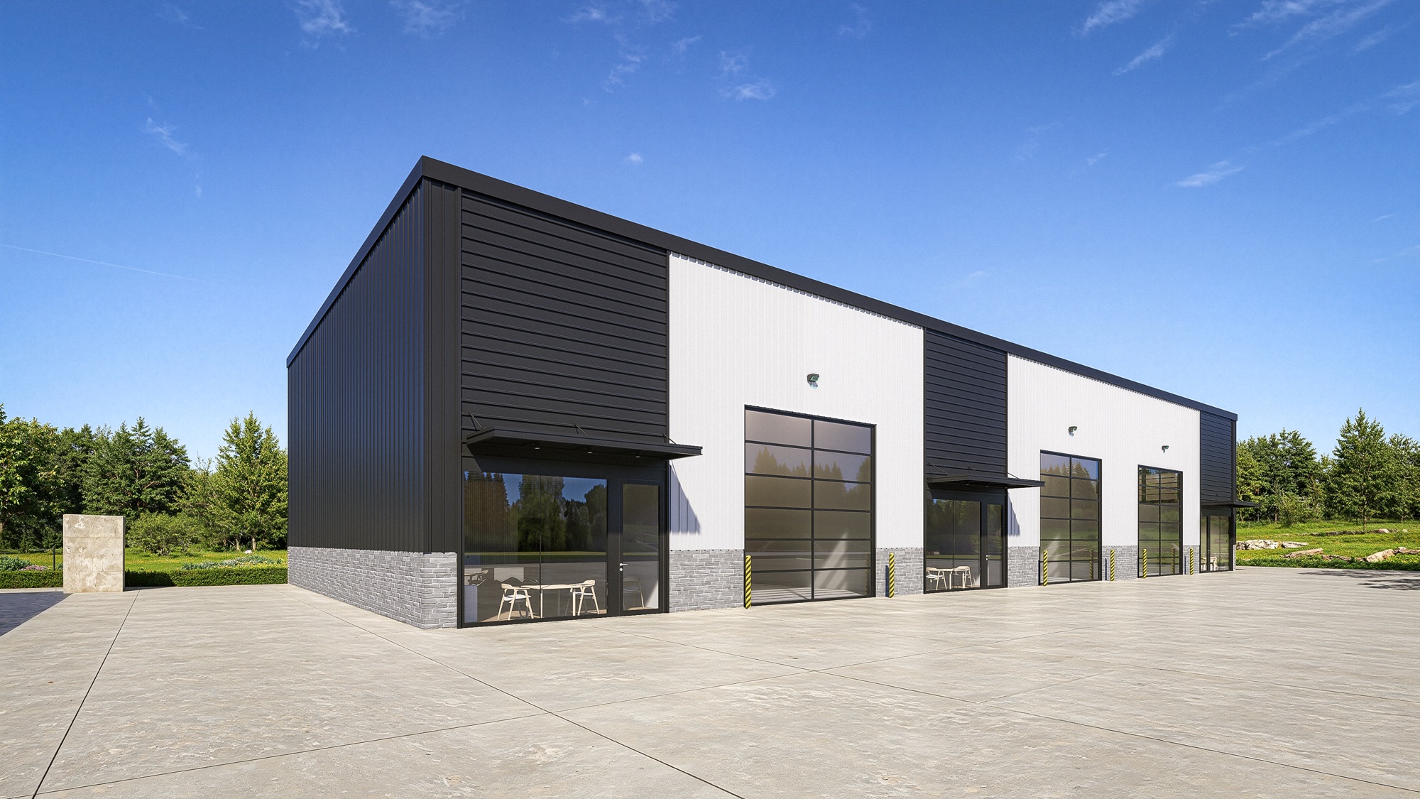 Front left view of the modern three-unit commercial building