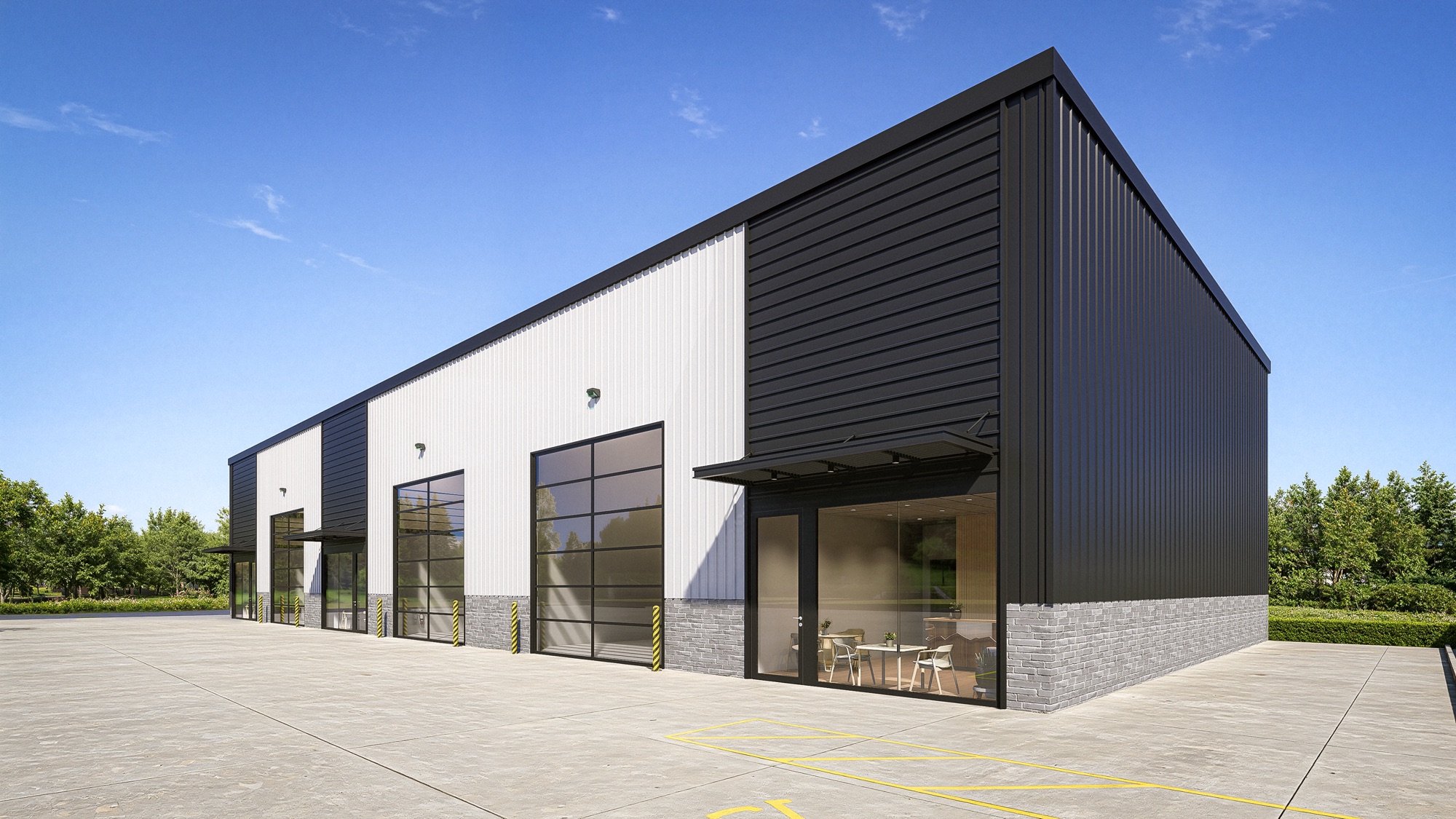 Full architectural rendering of the modern three-unit Strawberry Hill Business Park exterior